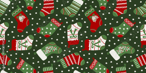 Cute Christmas stockings and snowflakes seamless repeat pattern. Holiday season background with Christmas socks for wrapping paper, textile design.