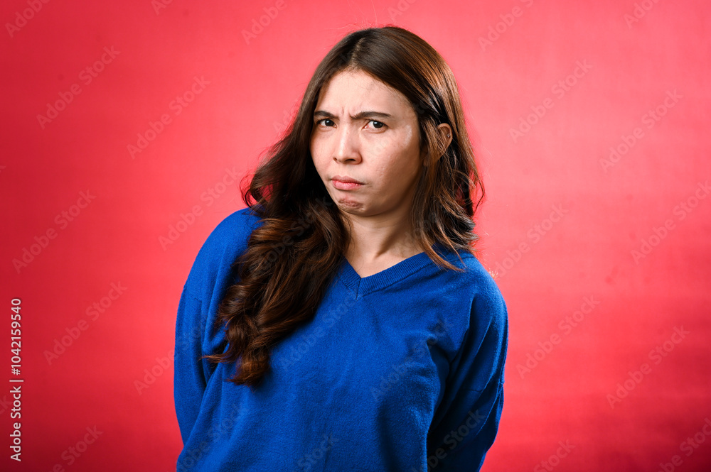 An Asian woman in a blue sweater stands against a red background with a playful pout on her face, exuding a mix of light-heartedness and subtle happiness An Asian woman in a blue sweater stands against a red background with a playful pout on her face, exuding a mix of light-heartedness and subtle happiness