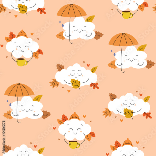 Seamless pattern with autumn cute clouds characters with coffee, hat, umbrella, leaves. Flat vector illustration