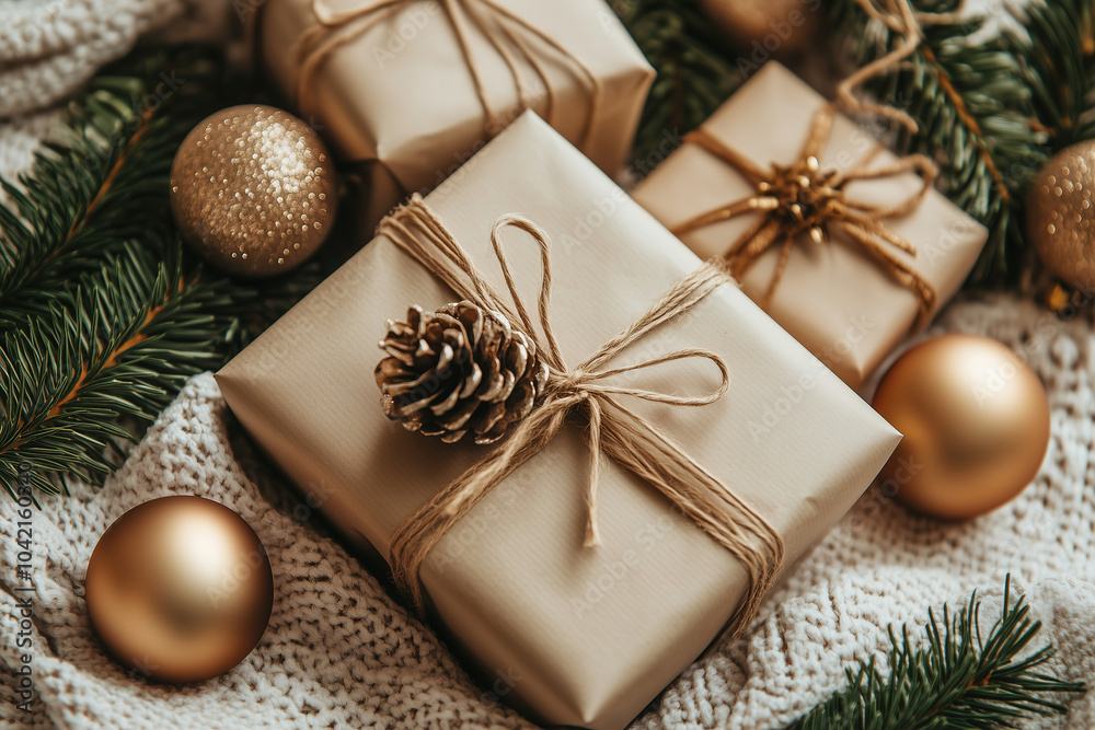 Warm holiday gifts wrapped in brown paper with golden ornaments and pinecones on a cozy knitted blanket. Generative AI Warm holiday gifts wrapped in brown paper with golden ornaments and pinecones on a cozy knitted blanket. Generative AI