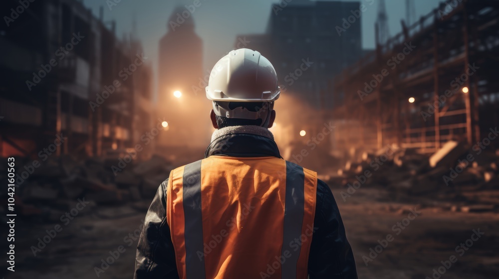 Close up of the back view of a construction worker wearing a white helmet and high visibility jacket standing in front of a building under construction Close up of the back view of a construction worker wearing a white helmet and high visibility jacket standing in front of a building under construction