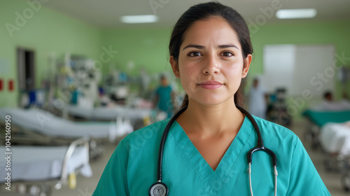 A healthcare professional in scrubs and a stethoscope stands in a busy hospital ward, ready to provide care and assistance to patients.