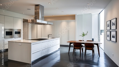 Modern kitchen wallpaper with glossy surfaces and stainless steel appliances