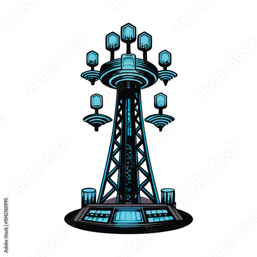 A futuristic 5G network tower with glowing data streams and a futuristic design.