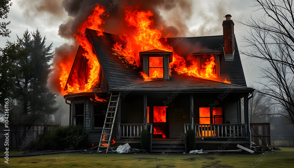 House Fire Damage with a white accent, png