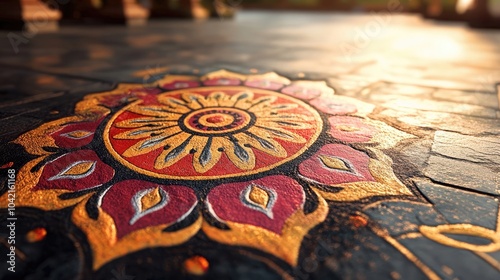 A detailed view of a traditional rangoli pattern with intricate lines and bold colors on a courtyard floor. photo