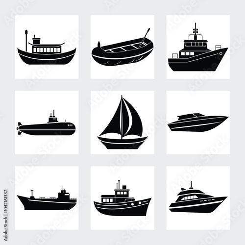 Water Vehicles Silhouette Vector Set.