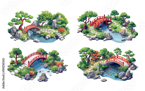 Japanese garden isometry vector set. Bridge lily little pond trees boulders mini lake stones, native asian landscape exterior nature designs, isolated illustrations on white background