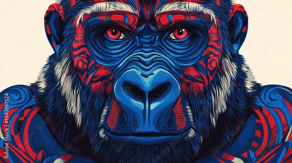 Close-up portrait of a gorilla's face with blue and red patterns. Close-up portrait of a gorilla's face with blue and red patterns.