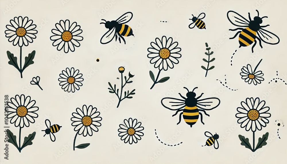 Charming illustration of daisies and bees on a cream background, ideal for spring-themed designs, educational content, and eco-friendly projects Charming illustration of daisies and bees on a cream background, ideal for spring-themed designs, educational content, and eco-friendly projects