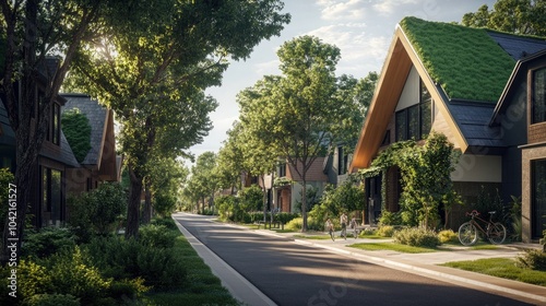 A quiet, pedestrian-friendly street in an eco-conscious community, with homes featuring green roofs, large trees, and bike paths along the side.