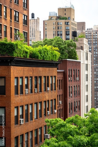 Urban buildings with greenery on rooftops, showcasing modern city living. photo