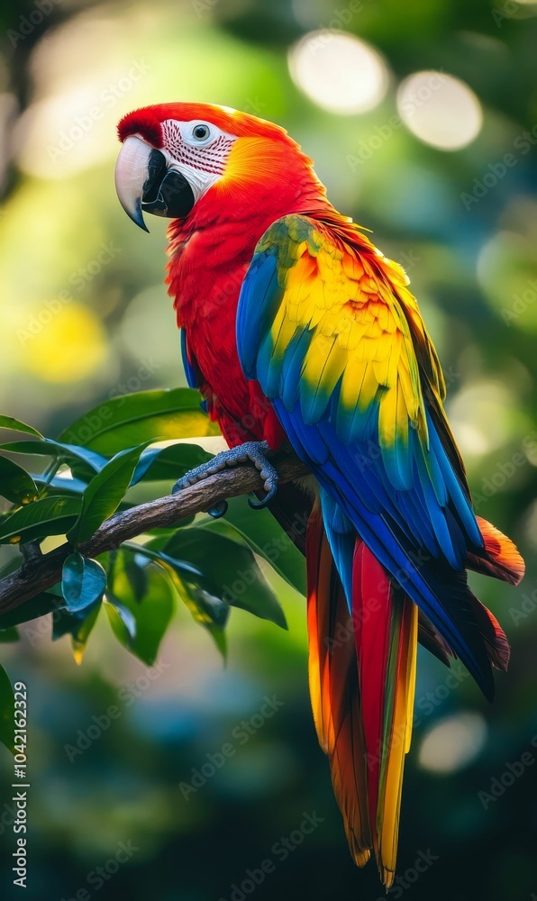 A colorful macaw perched on a branch. A colorful macaw perched on a branch.