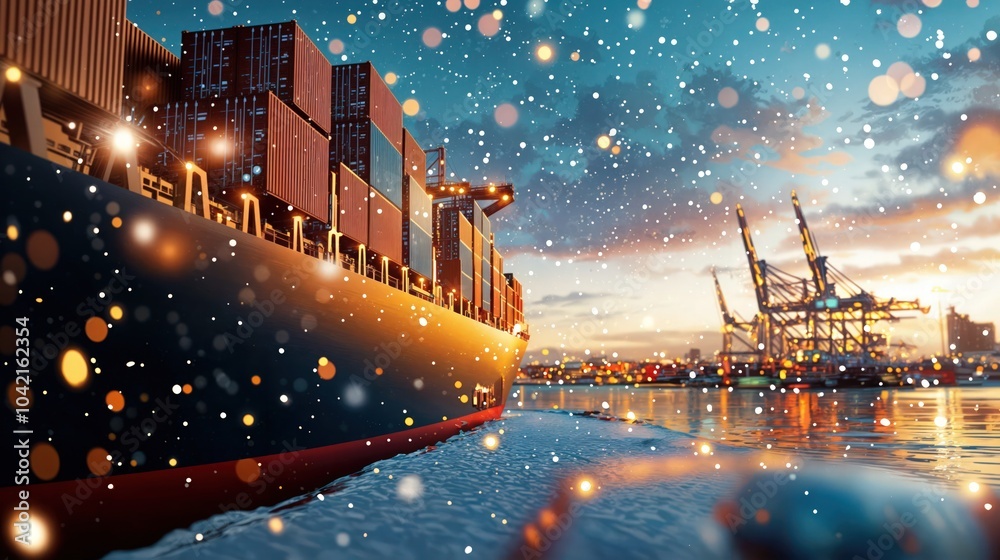 Cargo ship arriving in a winter port with city skyline and Christmas lights at night