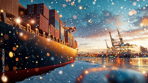 Obraz na płótnie Cargo ship arriving in a winter port with city skyline and Christmas lights at night
w salonie