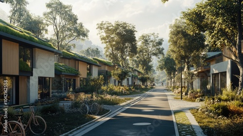 A quiet, pedestrian-friendly street in an eco-conscious community, with homes featuring green roofs, large trees, and bike paths along the side. photo