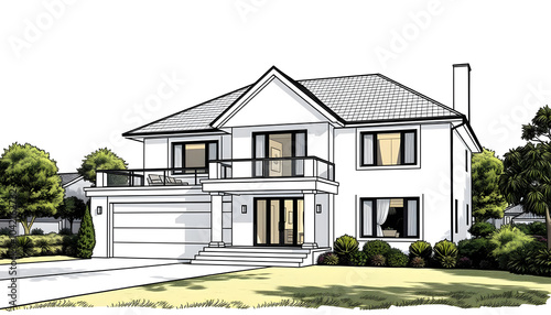 Architectural project exklusive detached house. Vector illustration with a white accent, png photo