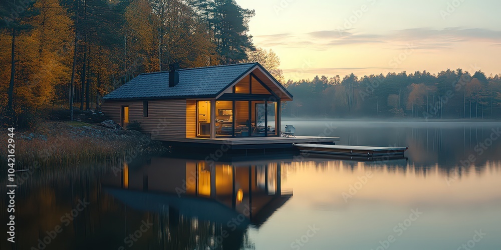 Obraz premium Cozy prefabricated house stands at edge of peaceful lakeside, its reflection mirrored perfectly in calm water.