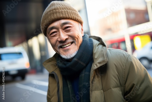 Portrait of a smiling senior man in winter clothes standing in the street