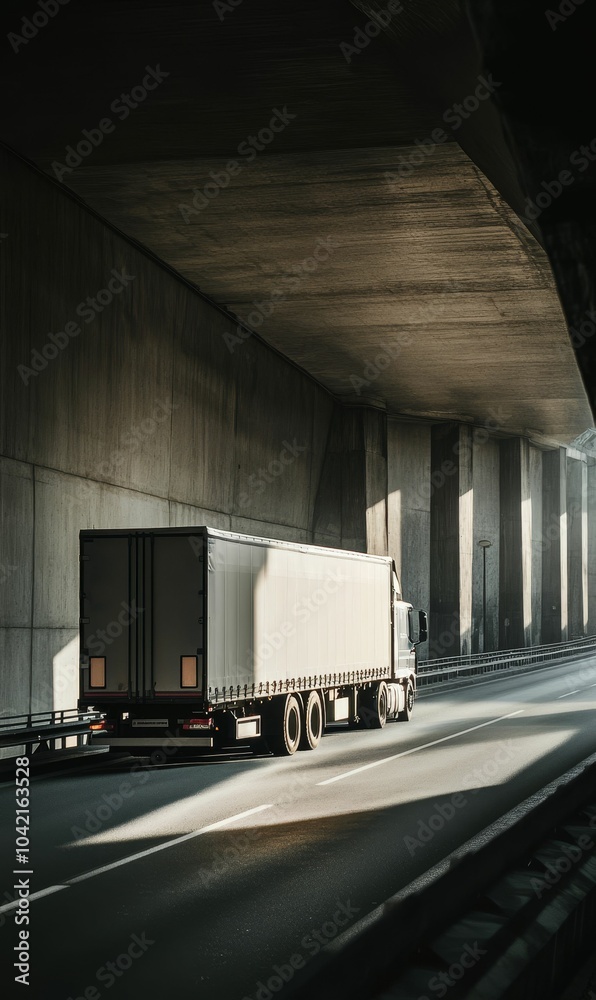 Semi-trailer truck driving under a bridge. Semi-trailer truck driving under a bridge.