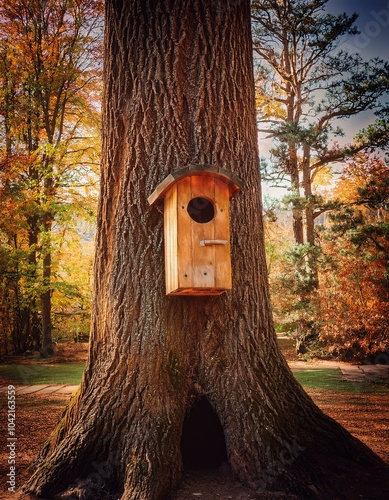 a large, wide tree, with a door in the middle serving as a squirrel house photo