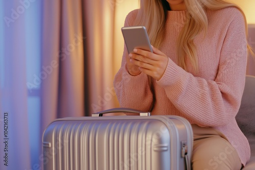 Woman relaxing in hotel room with silver suitcase while checking smartphone in soft lighting