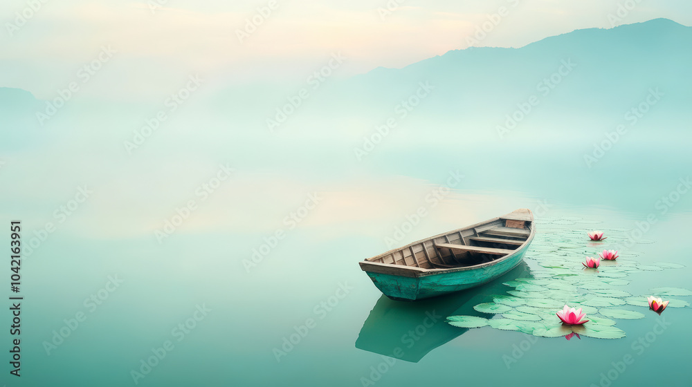 A wooden boat floats peacefully on a calm lake, surrounded by lily pads and pink lotus flowers, under a misty, serene sky.