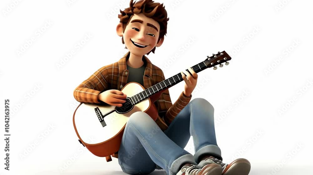 A cheerful animated character playing guitar while sitting on the floor.