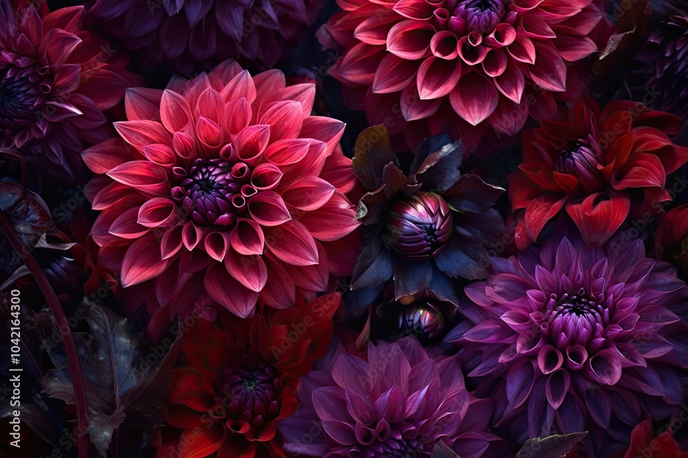 A beautiful array of dahlia flowers showcases rich hues of red and purple against a dark garden background, highlighting nature's intricate details in late afternoon light A beautiful array of dahlia flowers showcases rich hues of red and purple against a dark garden background, highlighting nature's intricate details in late afternoon light