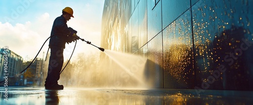 Worker cleaning a building facade with a pressure washer.