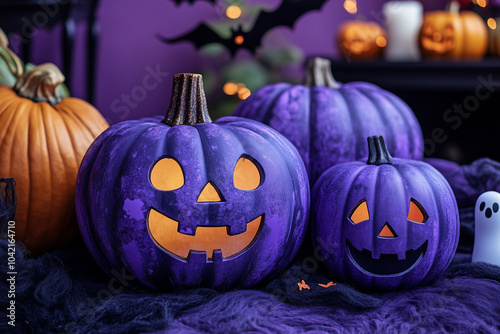 A bold purple background with cute ghost prints, pumpkins with funny faces, and bats flying overhead. photo