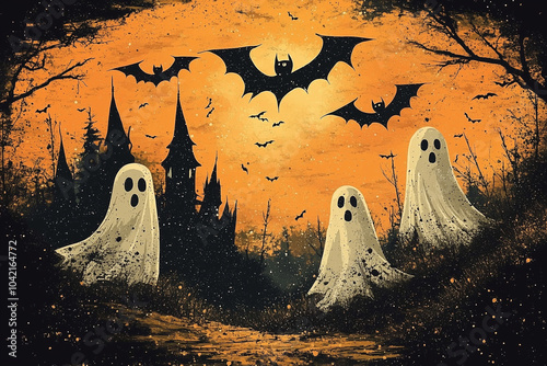 A bright orange background featuring prints of ghosts, witches' hats, and bats soaring in the sky. photo