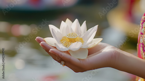 Indian Woman Holding Lotus at Durga Puja photo