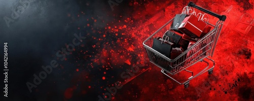 Best discounts event banner, intense red and black theme, glowing price tags, packed online shopping carts, excited customers