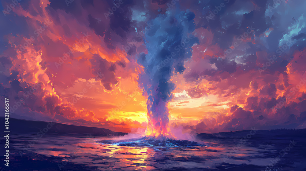 Fototapeta premium Dramatic sunset over a geyser erupting in yellowstone national park. generative ai. Geyser Eruption. Illustration