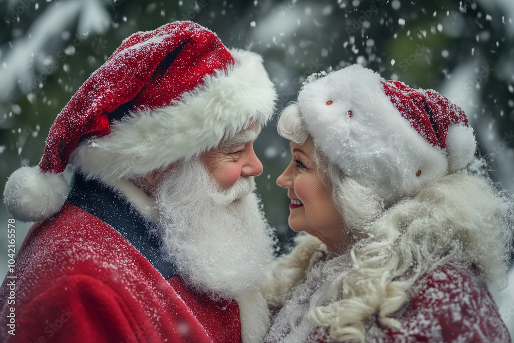couple dressed in santa hats and red clothing are smiling at the camera. The man is wearing a beard and mustache, and the woman has long white hair. The image conveys a warm and festive mood couple dressed in santa hats and red clothing are smiling at the camera. The man is wearing a beard and mustache, and the woman has long white hair. The image conveys a warm and festive mood
