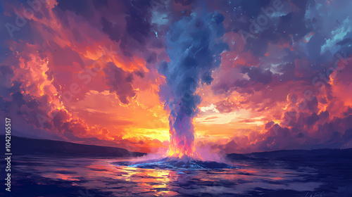 Dramatic sunset over a geyser erupting in yellowstone national park. generative ai. Geyser Eruption. Illustration