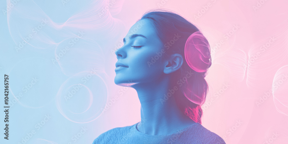 Serene woman in colorful ambient light with ethereal background Serene woman in colorful ambient light with ethereal background