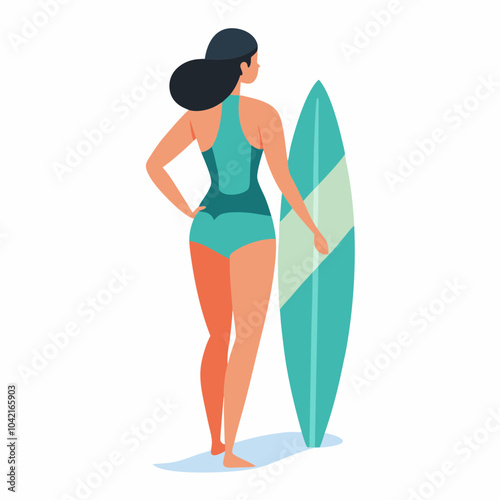 Woman in swimsuit holding surfboard silhouette vector illustration on white background