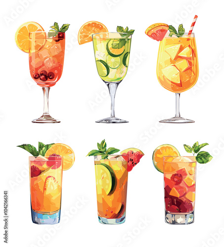 Mango cocktails cartoon vector set. Strawberry orange lime slices glass tubes ice cubes fresh tropical drink, summer cooled natural cold beverages isolated illustration on white background