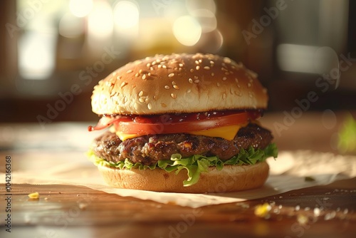 Beef burger with cheddar cheese, tomato, and lettuce, stacked in a sesame seed bun on a wooden table. Natural lighting enhances the colors and textures, highlighting a fresh and savory meal.