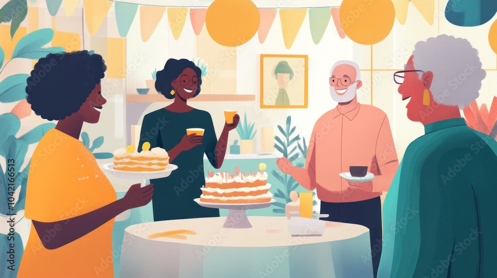 Four people are gathered around a table at a party, enjoying cake and drinks. They are all smiling and having a good time. The atmosphere is cheerful and festive. Four people are gathered around a table at a party, enjoying cake and drinks. They are all smiling and having a good time. The atmosphere is cheerful and festive.