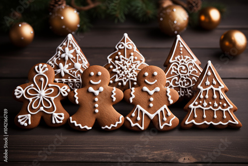 A delightful assortment of Christmas gingerbread cookies including Christmas trees, stars, gingerbread men, and candy canes isolated on a white background.  photo