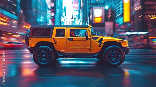 A side view of a bright yellow hummer driving through a cityscape at dusk, with vibrant lights reflecting off the vehicle.