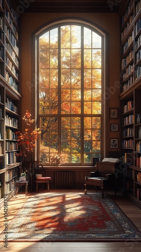 Autumnal Sunlight Streaming Through Window in a Library with Bookshelves Illustration