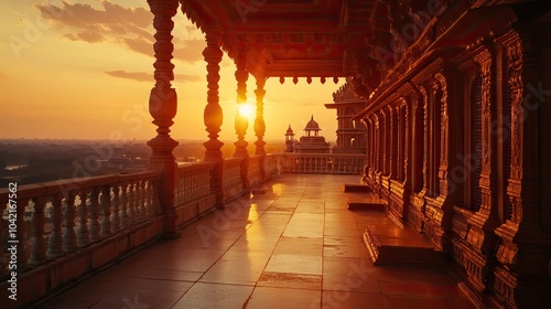 A stunning sunset view behind the mandir, casting warm hues on the templea??s architecture, creating a peaceful ambiance. photo