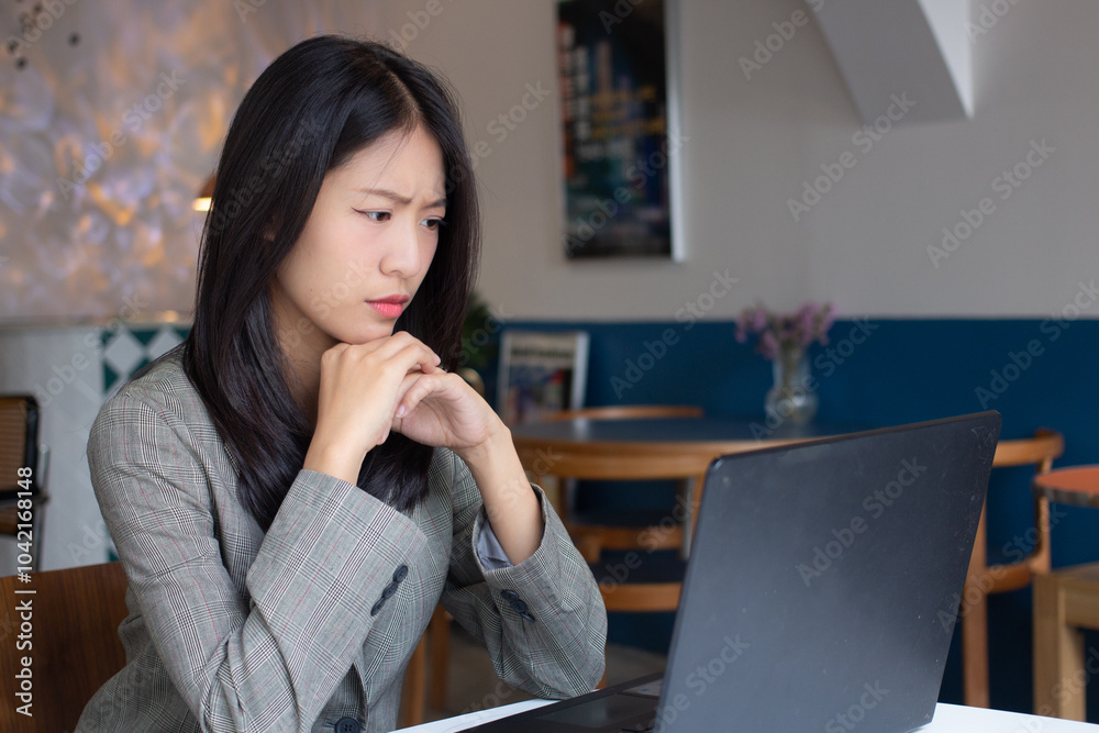 young Asia business woman sitting in office at work desk and looking at laptop screen in confused, looking confused on her face young Asia business woman sitting in office at work desk and looking at laptop screen in confused, looking confused on her face
