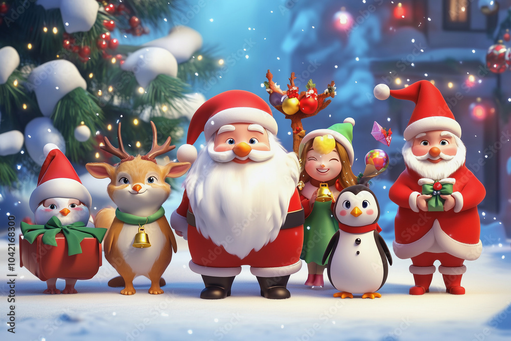  group of cartoon characters, including Santa Claus and a penguin, are posing for a picture in a snowy forest