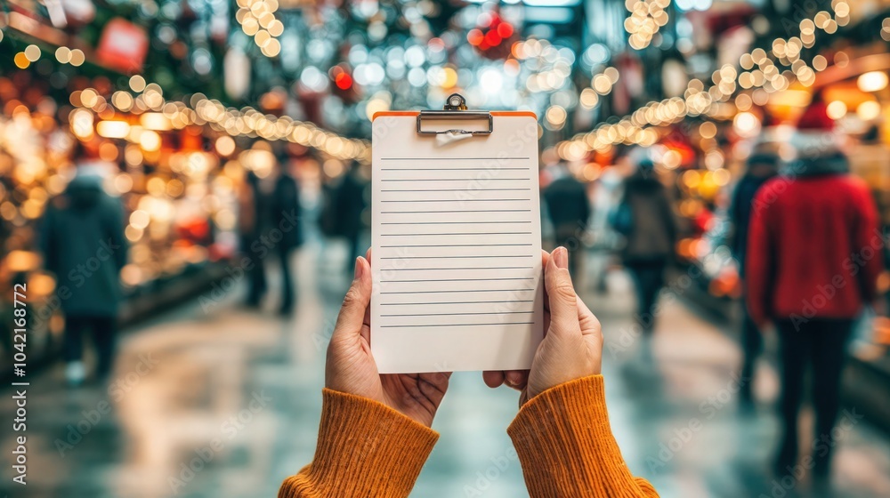 Person holding a clipboard with a blank checklist in the middle of a busy Christmas market, bokeh holiday lights in the background