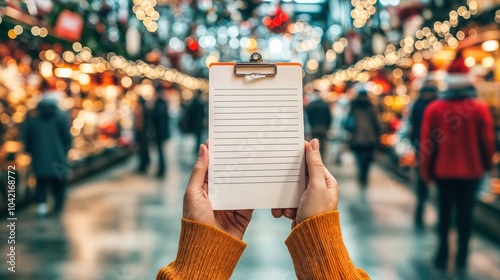Obraz na płótnie Person holding a clipboard with a blank checklist in the middle of a busy Christmas market, bokeh holiday lights in the background
w salonie